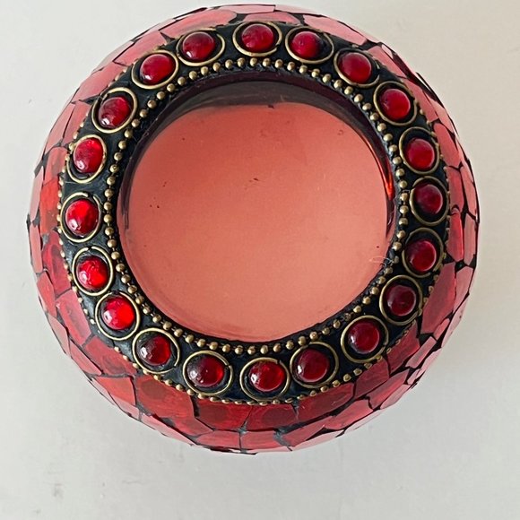 Radiant Elegance: Retro Mosaic Candle Holder / Vase with Brass & Rhinestone Trim - Picture 7 of 13